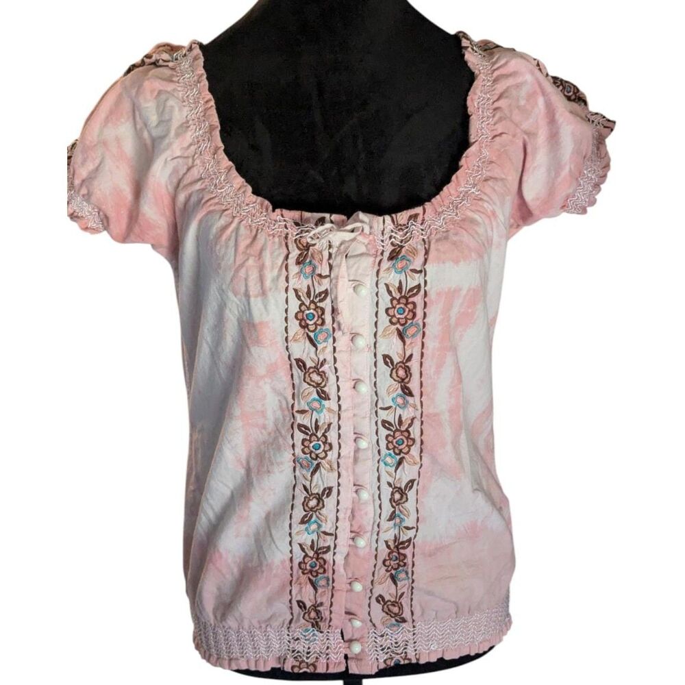 PANHANDLE SLIM Boho Tie Dye Embroidered Peasant Top Pink Western Cottage S